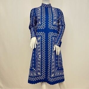 1970's Butte‎ Knit, Blue Long-sleeve Polyester Paisley Print Dress